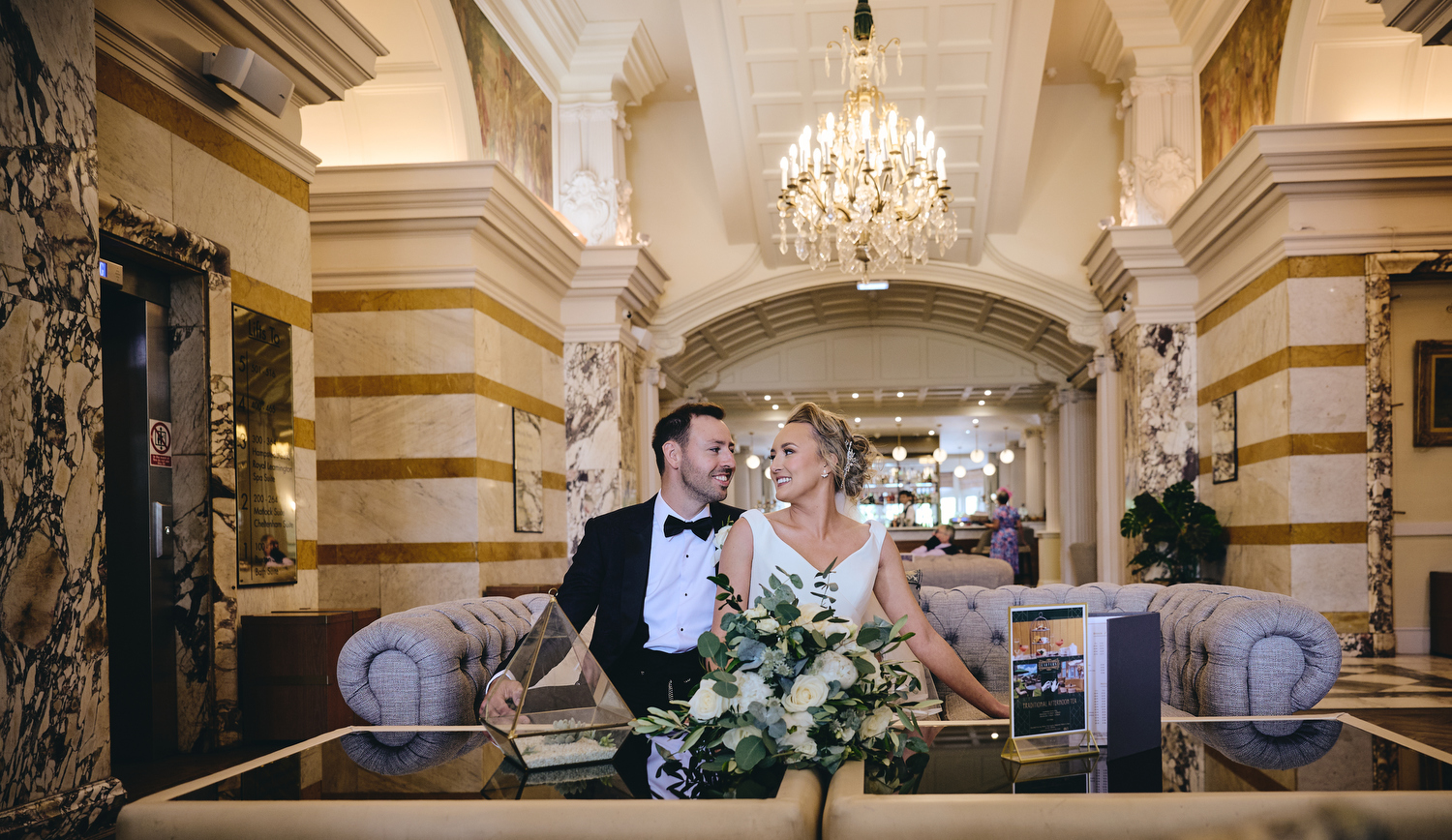 Bride & Groom in Majestic hotel harrogate bar 